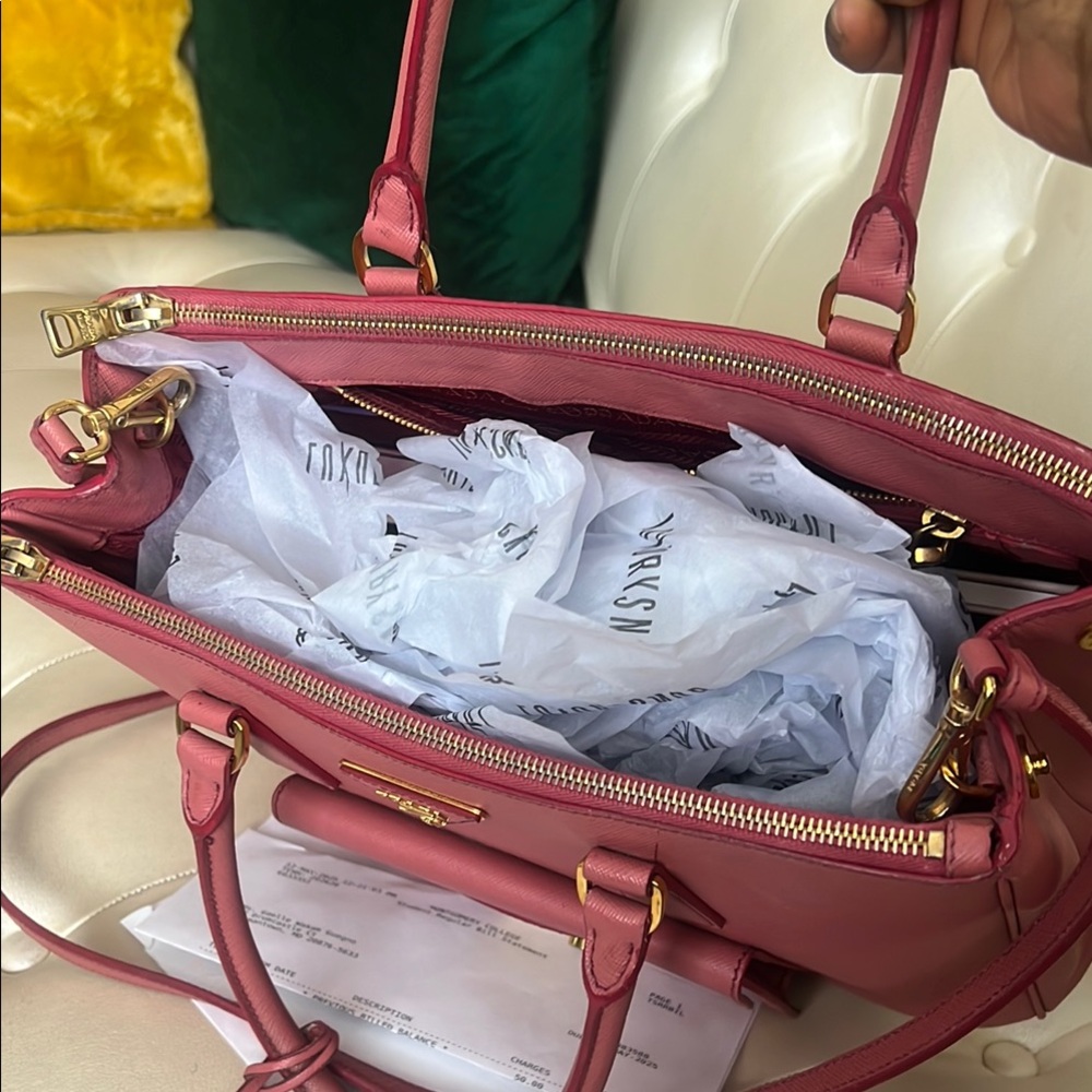 Prada Pink Saffiano Leather Satchel with Gold Accents - Picture 5 of 9